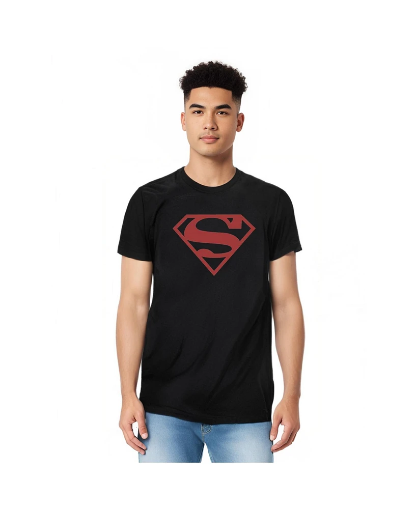 Superman Men's Red On Black Shield Short Sleeve Adult Tee / T-Shirt