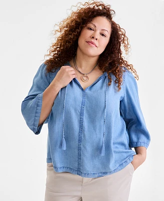 Style & Co Plus Chambray 3/4-Sleeve Top, Exclusively at Macy's