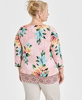 Jm Collection Plus Jacquard Printed 3/4-Sleeve Top