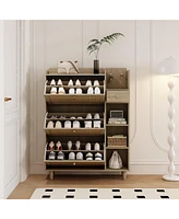 Natural Bohemia Style Shoe Cabinet, Shoe Rack Cabinet with 3 Rattan Flip Drawers,3 Square Shelves and 1 Storage Drawer, Shoe Organizer with Mulit Stor