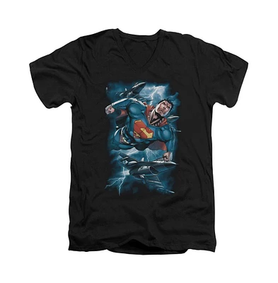 Superman Men's Stormy Flight Short Sleeve Adult V Neck Premium Cotton Tee / T-Shirt