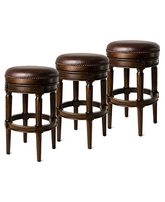 Maven Lane Pullman Backless Bar Stool in Dark Walnut Finish with Vintage Brown Leather, Set of 3