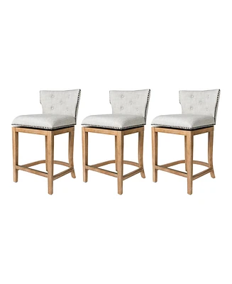 Maven Lane Hugo Counter Stool, Weathered Oak w/ Sand Fabric Upholstery, Set of 3