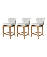 Maven Lane Hugo Counter Stool, Weathered Oak w/ Sand Fabric Upholstery, Set of 3