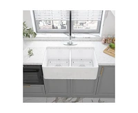 Casainc 33inch L x 18inch W Double Bowl Fireclay Farmhouse Kitchen Sink with Sink Grid