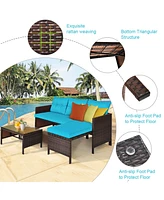 Gymax 3PCS Outdoor Rattan Furniture Set Patio Couch Sofa Set w/ Turquoise Cushion