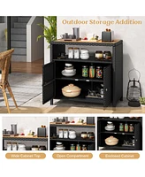 Gouun Rattan Storage Cabinet with Acacia Wood Countertop for Poolside Deck and Patio
