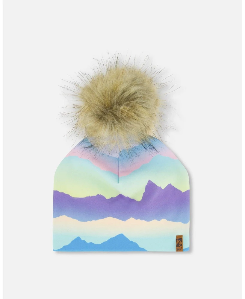 Deux par Deux Baby Girls Printed Jersey Detachable Pompom Hat Mauve And Blue, Pink Mountain