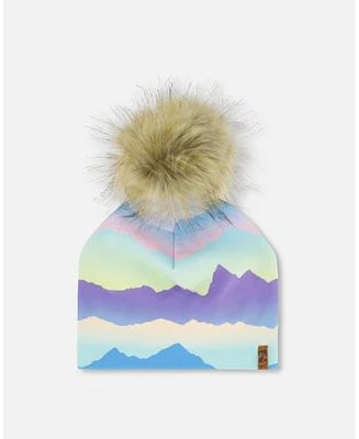 Deux par Deux Baby Girls Printed Jersey Detachable Pompom Hat Mauve And Blue, Pink Mountain