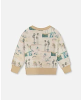 Deux par Baby Boys Printed Pullover Sweatshirt Beige Palm Tree And Teal