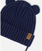 Deux par Deux Baby Unisex Knit Hat With Strings Navy Blue