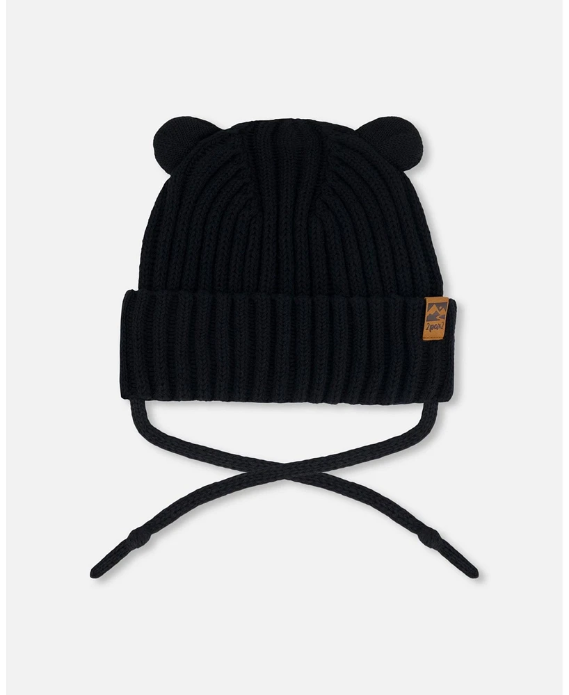 Deux par Baby Unisex Knit Hat With Strings Black - Infant