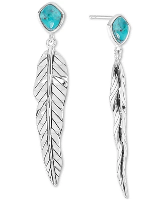 Turquoise & Feather Linear Drop Earrings in Sterling Silver