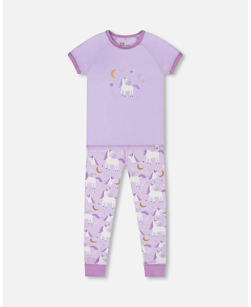 Deux par Big Girls Organic Cotton Short Sleeve Top And Pant Pajama Set White Unicorn On Mauve