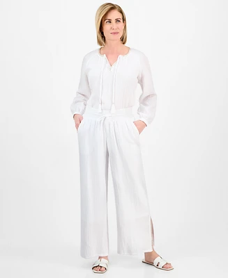 Jm Collection Petite Gauze Split-Hem Wide-Leg Pants, Exclusively at Macy's