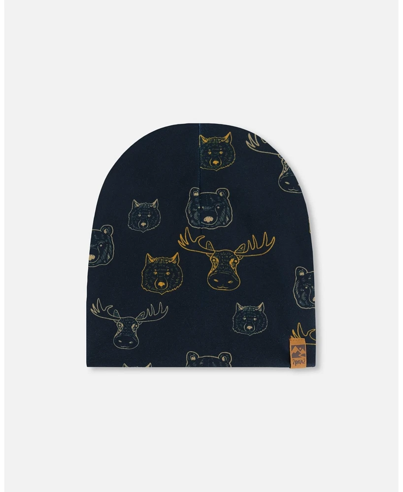 Deux par Deux Baby Boys Printed Beanie Hat Beige Animals On Black Background