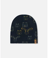 Deux par Deux Baby Boys Printed Beanie Hat Beige Animals On Black Background