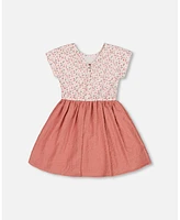 Deux par Toddler Girls Bi-Material Dress With Printed Top Small Flowers And Pink - Toddler|Child