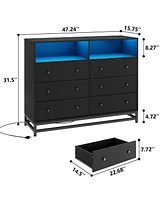 gaomon 6 Drawer Dressers with Led Light Chests with 4 Outlets & 2 Usb Ports Modern Dresser with Open Shelf Storage Dresser for Bedroom