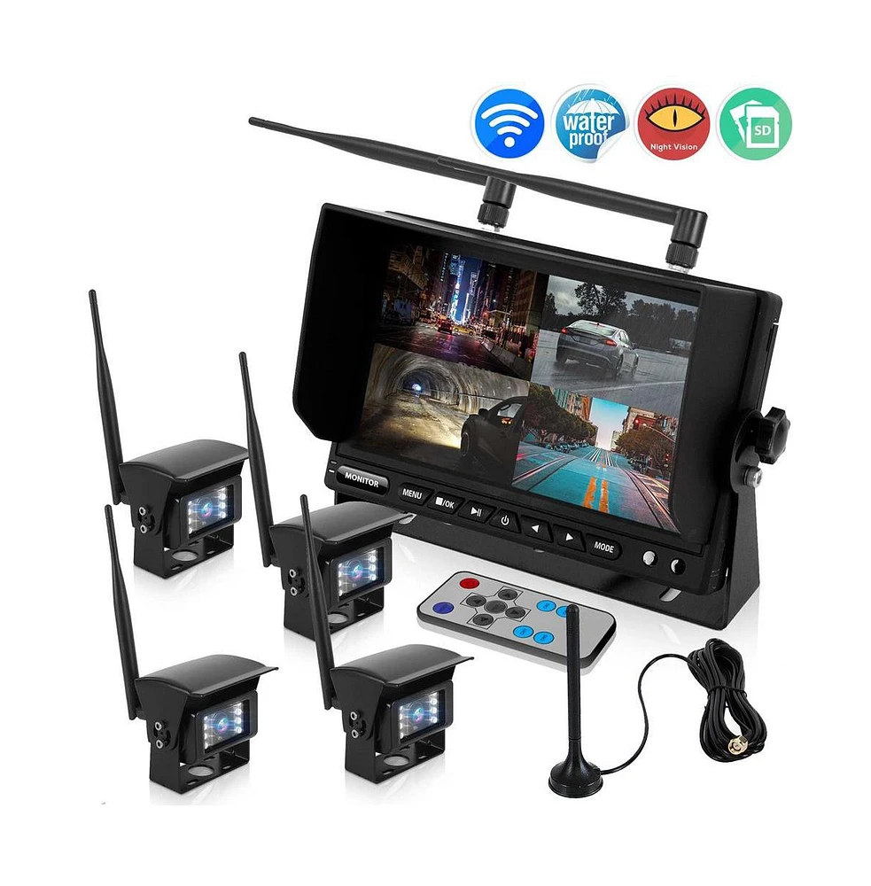 Pyle Backup Cameras & Monitor System, 7 Display, Quad-View, Night Vision, Wireless