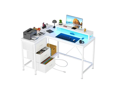 gaomon L Shaped Desk with Power Outlets & Led Lights, Computer Desk with Drawers & Shelves