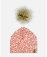 Deux par Deux Baby Girls Printed Jersey Detachable Pompom Hat Small White Flowers On Pale Pink