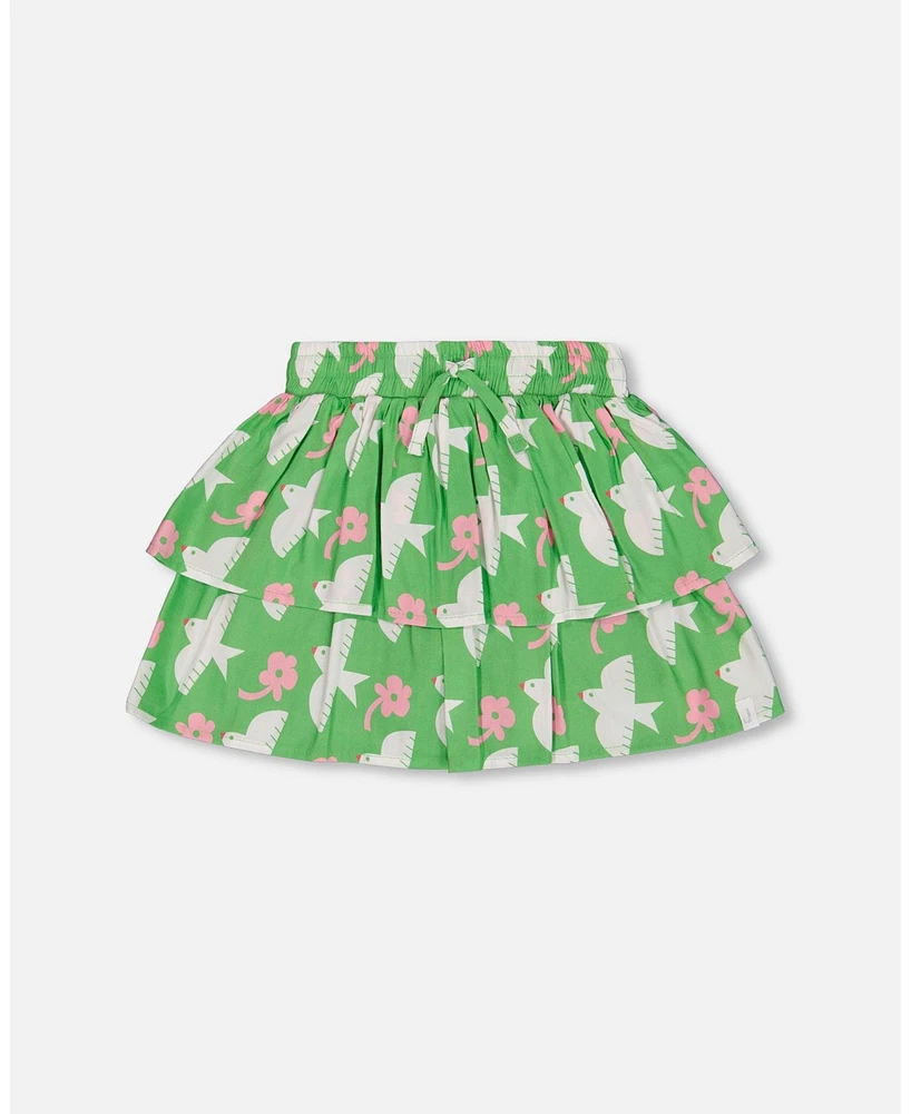 Deux par Big Girls Tiered Elastic Waist Skirt Green With White And Pink Bird