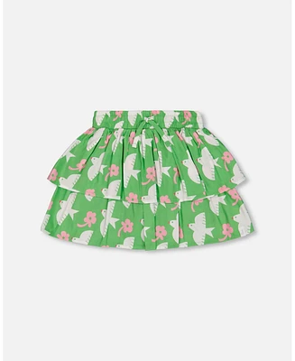 Deux par Big Girls Tiered Elastic Waist Skirt Green With White And Pink Bird