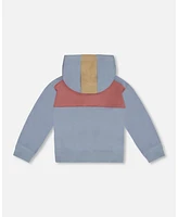 Deux par Baby Boys French Terry Full Zip Hoodie Sweatshirt Pale Blue And Dark Old Rose