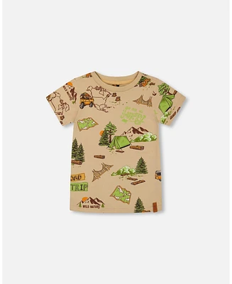 Deux par Toddler Boys Printed Organic Cotton Tee Camping Beige - Toddler|Child