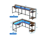 gaomon L Shaped Desk with Drawers and Led Lights, 55 Inch Computer Desk with Shelves & Monitor Stand