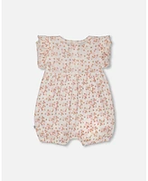 Deux par Baby Girls Cotton Pointelle Romper With Frills Printed White And Pink Flowers