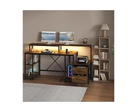 gaomon Computer Desk 63" With File Drawer, Gaming Desk With Led Light & Power Outlets, Home Office Desk With Printer Space