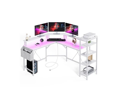 gaomon L Shaped Desk,61 Inch Computer Desk with Monitor Stand, 5 Tier Storage Shelves, L Shaped Computer Desk for Home Office with Led Lights and Powe