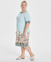 Jm Collection Plus Border-Print Short-Sleeve Shift Dress, Exclusively at Macy's