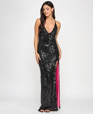 pear culture Juniors' Sequin Plunge-Neck Side-Slit Gown