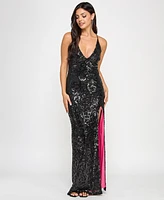 pear culture Juniors' Sequin Plunge-Neck Side-Slit Gown