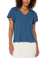 Liverpool Los Angeles Petite Flutter-Sleeve V-Neck Top