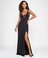 City Studios Juniors' Embellished-Neck Side-Slit Gown, Created for Macy's