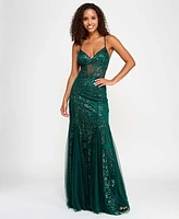 Say Yes Juniors' Sequin Mesh-Inset Mermaid-Skirt Gown, Created for Macy's