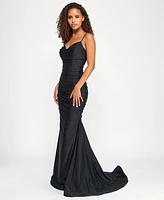 Say Yes Juniors' Studded Cowlneck Ruched Floor-Sweeping Gown, Created for Macy's