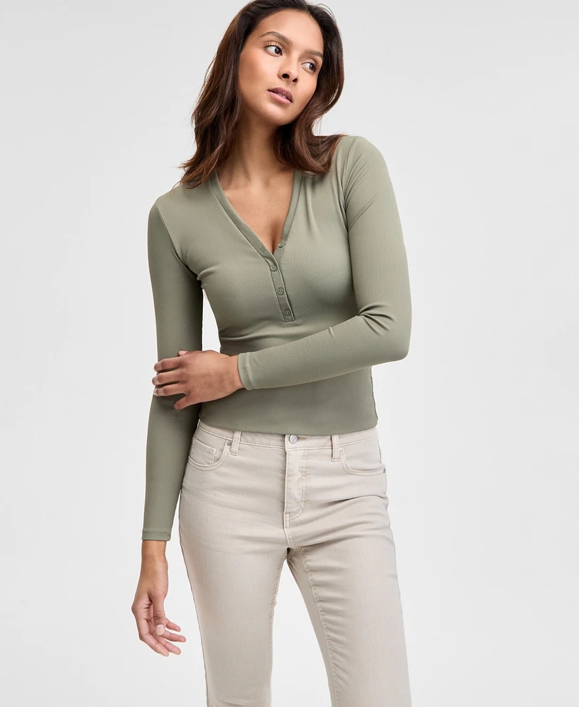 And Now This Women's Ribbed Henley-Neck Long-Sleeve Top, Created for Macy's