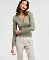 And Now This Women's Ribbed Henley-Neck Long-Sleeve Top, Created for Macy's