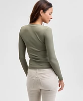 And Now This Women's Ribbed Henley-Neck Long-Sleeve Top, Created for Macy's