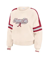 Wear by Erin Andrews Women's Cream Alabama Crimson Tide Chenille Woven Patch Stripe Pullover Sweater