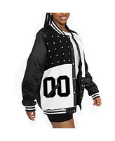 Gameday Couture Women's Black/White Las Vegas Raiders Oversized Hot Shot Rhinestone Throwback Full-Snap Varsity Bomber Jacket