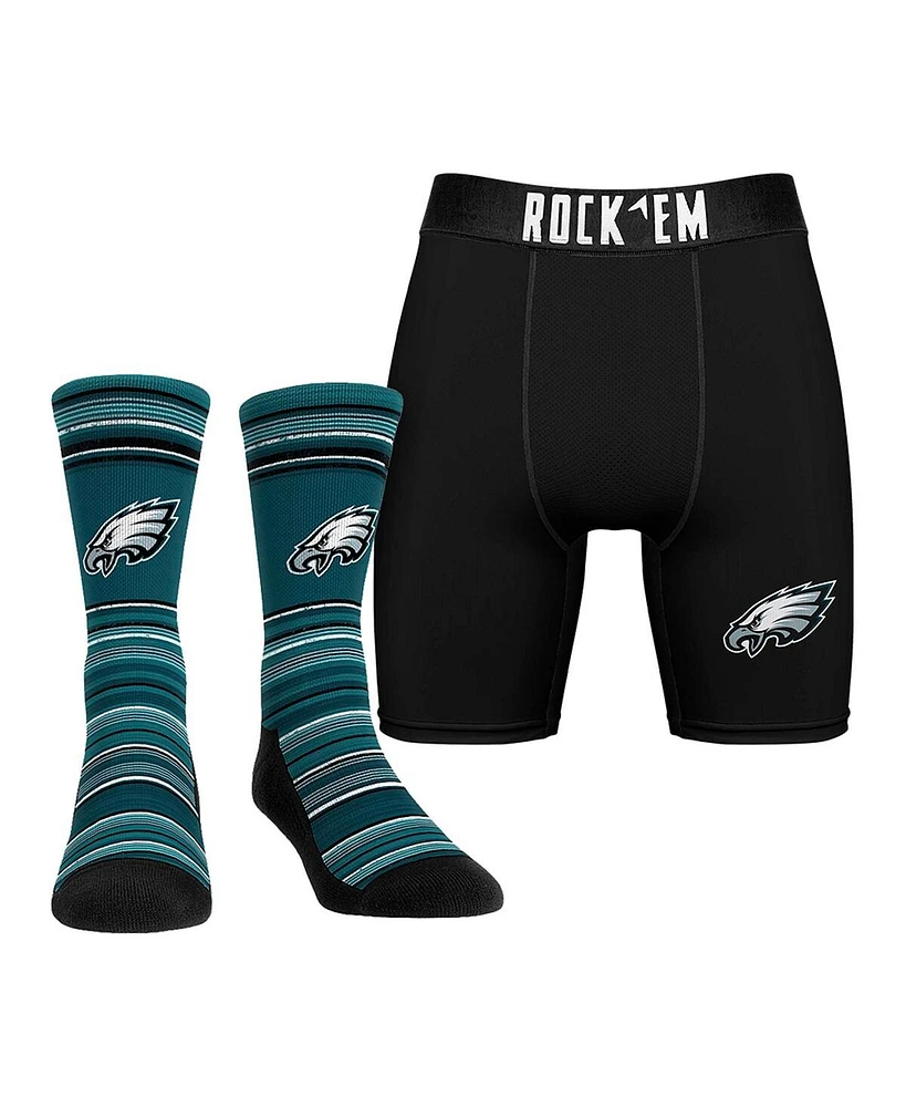 Rock 'Em Men's Philadelphia Eagles Primary Crew Socks Boxer Briefs Combo Pack