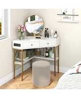 Gouun Triangle Corner Desk with Charging Station with 2 Drawers and Storage Shelf