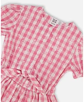 Deux par Big Girls Puff Sleeve Dress With Waist Tie Pink And White Checks