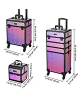 Byootique Rolling Makeup Train Case 3-Piece Cosmetic Organizer Kit Trolley Organizer Travel Case Lockable Salon Barber Case Traveling Cart Trunk with